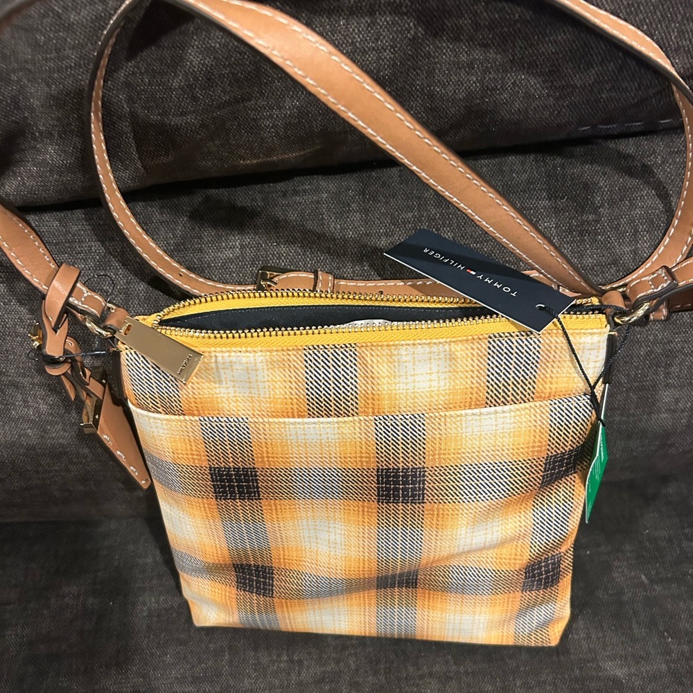 Tommy Hilfiger Yellow and Brown Checkered Crossbody Bag